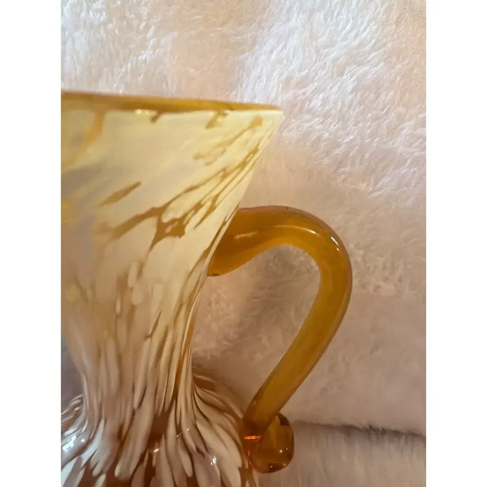 Vintage Amber White Spatter Cased Art Glass Pitcher Applied Handle Vase Jug 6